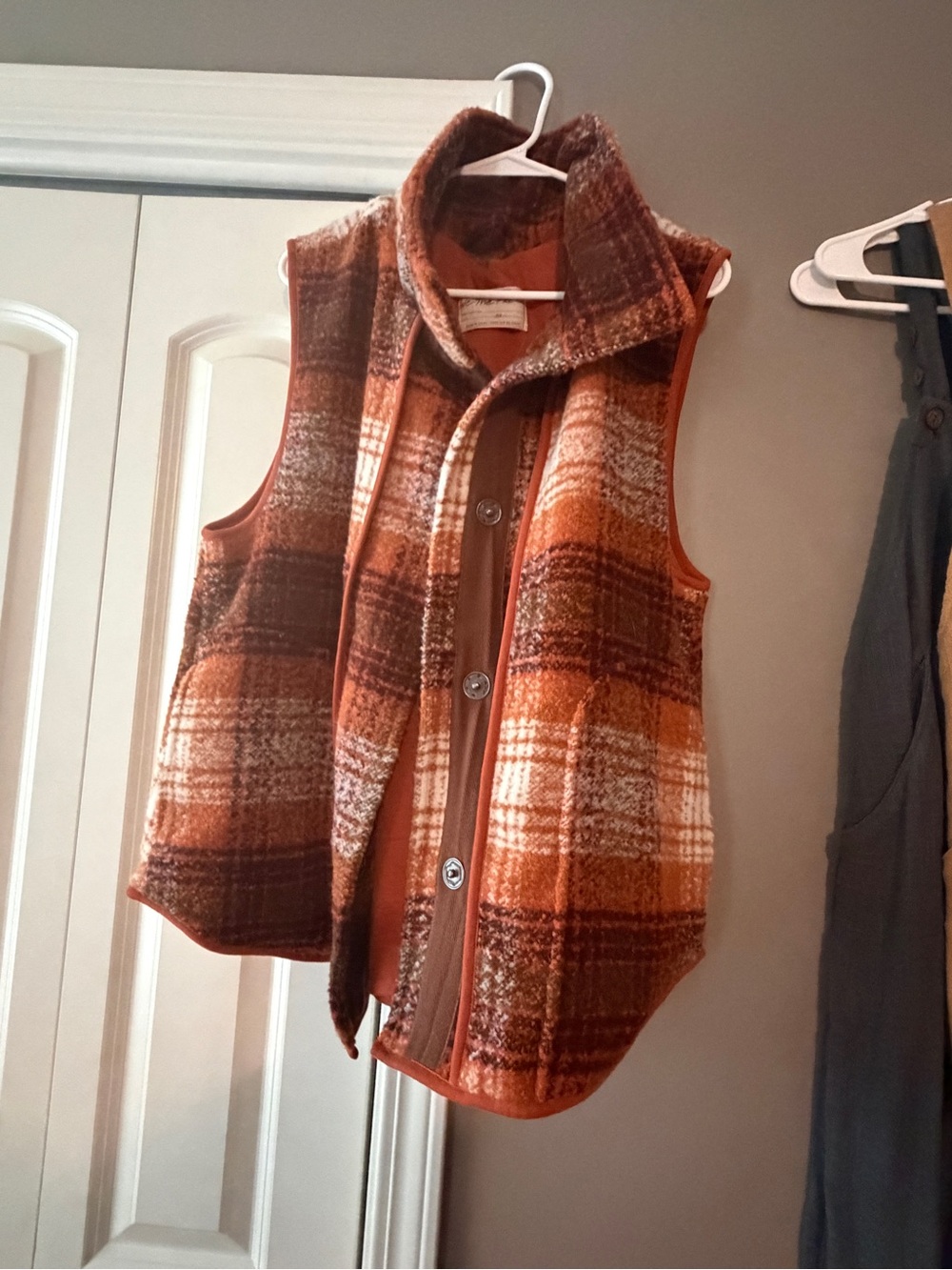 We The Free Orange Plaid Sleeveless Button Vest